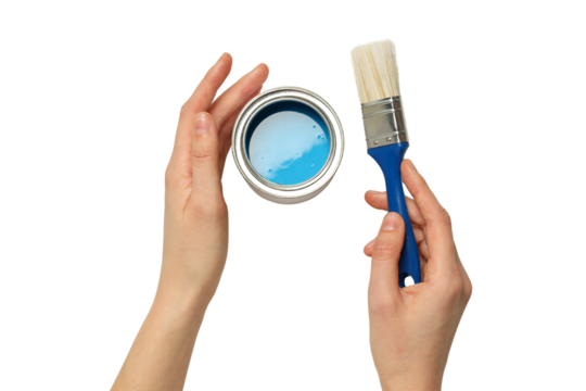 Person with blue paint and brush, isolated on white, PNG