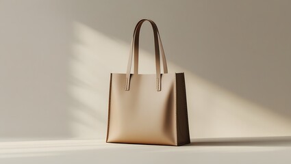 Elegant and Minimalist Leather Tote Bag in Soft Neutral Tones, Studio Setting