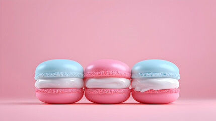 Pastel Pink and Blue Macarons with White Cream Filling on Pink Background