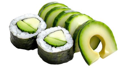 Freshly Prepared Sushi Rolls and Slices of Cucumber on White Background for Culinary Presentation