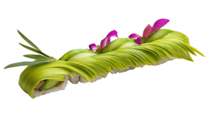 Colorful sushi roll garnished with vibrant leaves and pink flowers on a white background