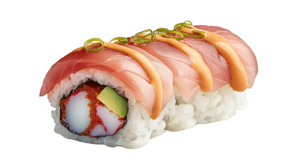 Fresh and Colorful Sushi Roll with Salmon Topping and Avocado Inside Served on White Background