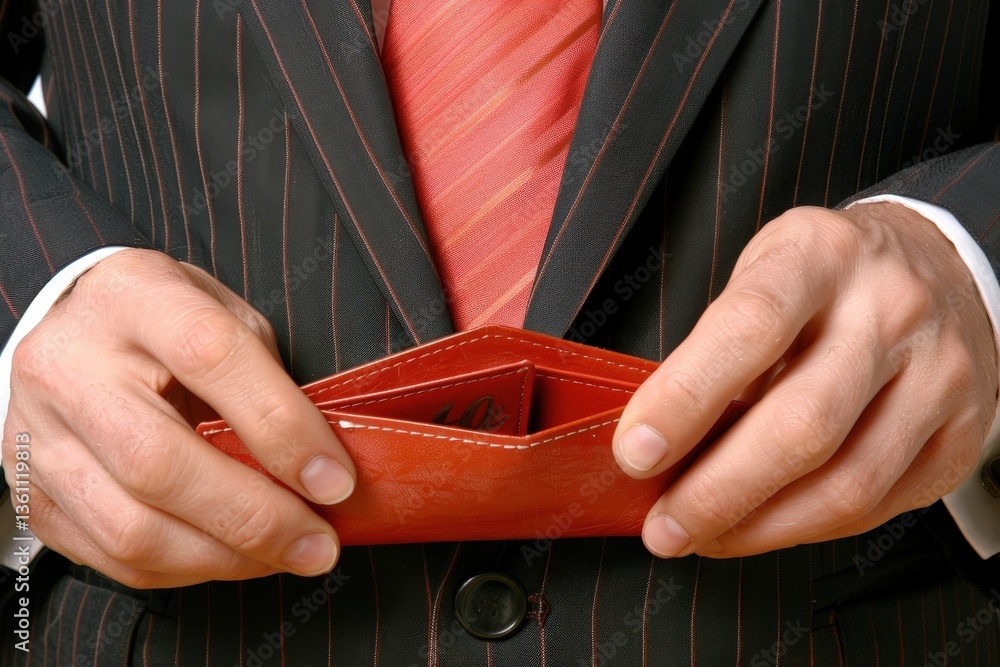 Poster a man in a suit holds an empty red wallet, symbolizing financial struggles or the need for more reso