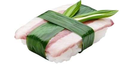 Fresh Sliced Fish Sushi Wrapped with Green Leaves on White Background for Culinary Presentation