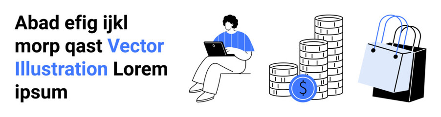 Person using laptop for work, coins representing savings, shopping bags for online buying. Ideal for business, finance, e-commerce, freelance work, digital shopping, investment and economy flat