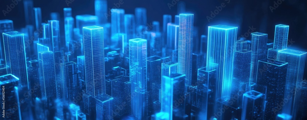 Poster a futuristic cityscape illuminated by blue lights. showcasing towering skyscrapers amidst a digital 