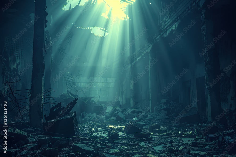 Poster a hauntingly beautiful abandoned space illuminated by beams of light filtering through the debris an