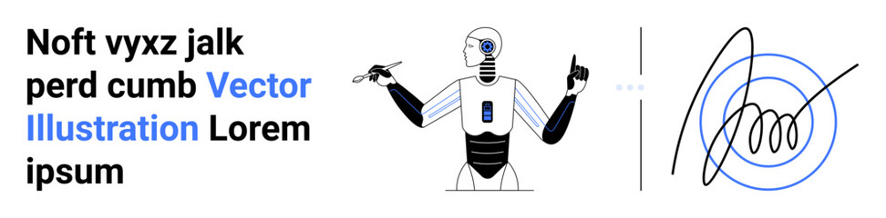 Humanoid robot with mechanical arms using pen to draw an abstract digital design. Ideal for innovation, automation, creativity, artificial intelligence, robotics, technology, simple landing page