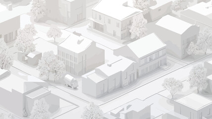 Fototapeta premium High-angle, close-up shot of a monochromatic architectural model depicting a town. The image features numerous small-scale buildings, roads, and possibly trees, all rendered in varying shades of
