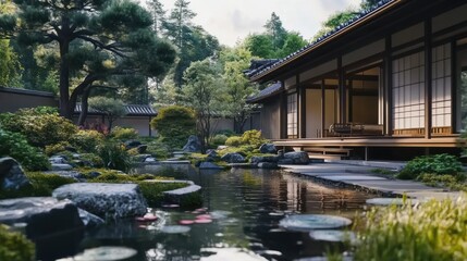 Obraz premium A peaceful Japanese countryside house with a Zen garden and koi pond --ar 16:9 --v 6.1 Job ID: fb75189e-e60c-408d-a470-bbc264125333