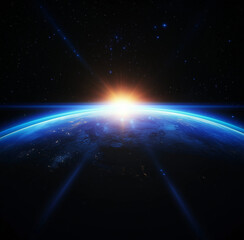 blue light earth horizon line, skyline, space planet, laser lights, gold luminous,Light ellipse,Galaxy Glint,Glowing podium, global business, science technology, abstract black glowing background