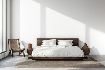 A modern bedroom featuring a wooden bed with soft bedding. accompanied by nightstands and a potted plant. illuminated by natural light through large windows