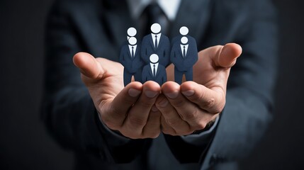 A business professional holds graphic representations of people, symbolizing leadership, teamwork, and collaboration