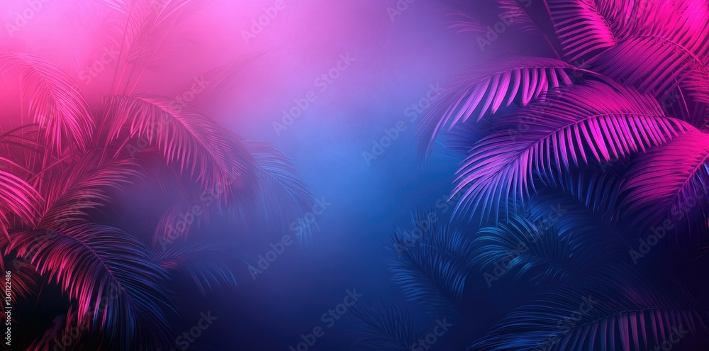 Poster vibrant tropical foliage illuminated by colorful lighting. creating a mystical atmosphere with soft 