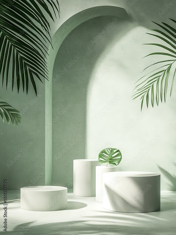 Poster a serene composition of three circular display pedestals in soft pastel tones against a light green 