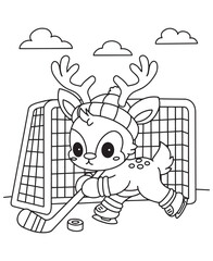 Coloring book deer playing hockey with a stick and puck in front of a net, under a cloudy sky