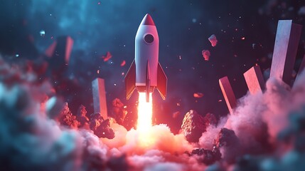Futuristic Rocket Launching Amidst Colorful Clouds, A futuristic rocket launching amidst colorful clouds and debris, with a vibrant red and blue color scheme