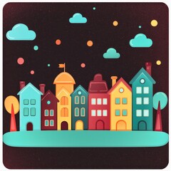 Charming Night Town Colorful Houses and Starry Sky Pixel Art Illustration