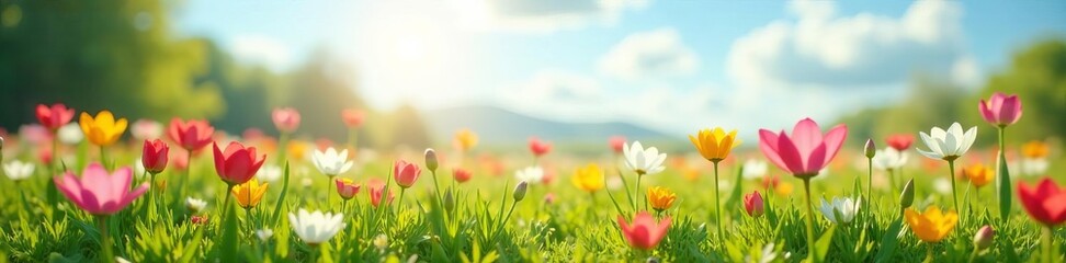 Obraz premium Bright spring flowers blooming on lush meadow under sunny sky, outdoors, sunny day