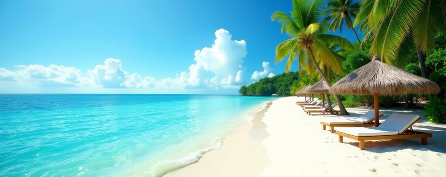 Bright sunny day at the tropical beach with crystal clear water, clear water, vacation, blue sky