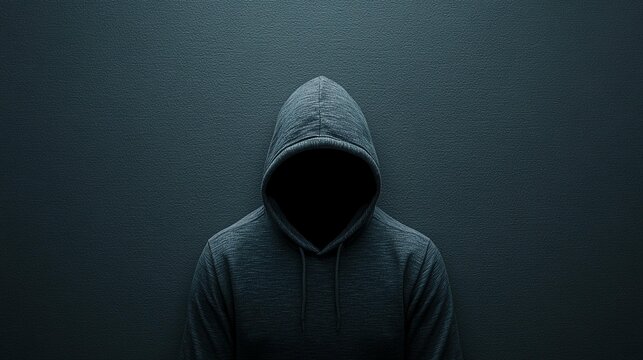 Faceless hooded figure against a dark background.