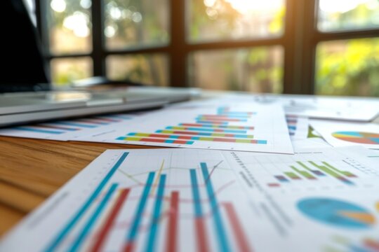 Collection of business analytics charts and graphs stacked on each other on paper on desk in office