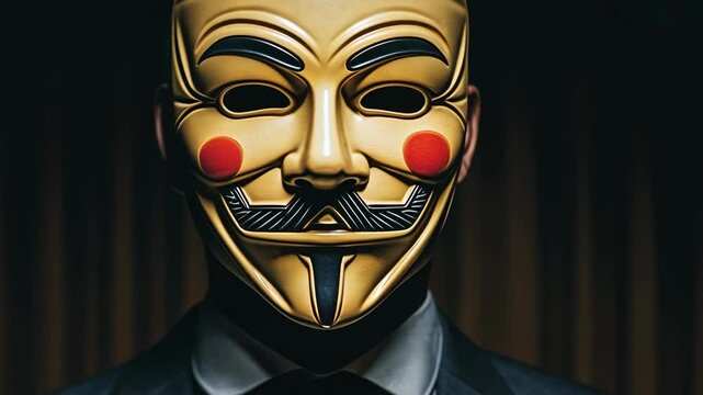 Masked figure in formal attire poses dramatically against a dark background at an evening event