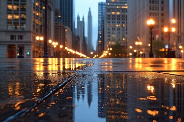 Urban city street at dawn, wet pavement reflections