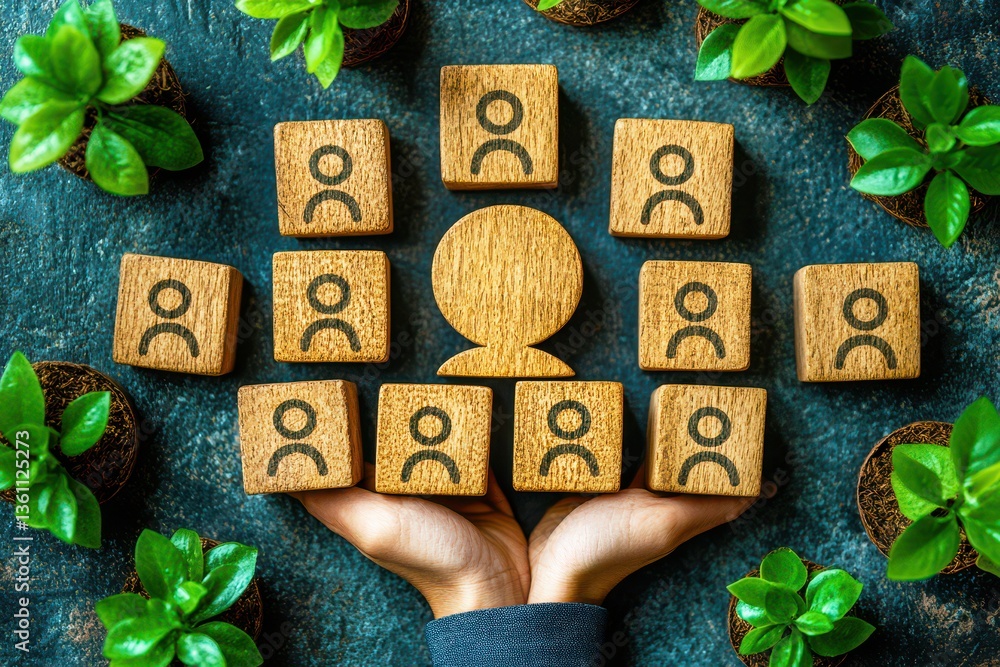 Aufkleber hand holding wooden blocks with user icons surrounded by green plants depicting networking and commu
