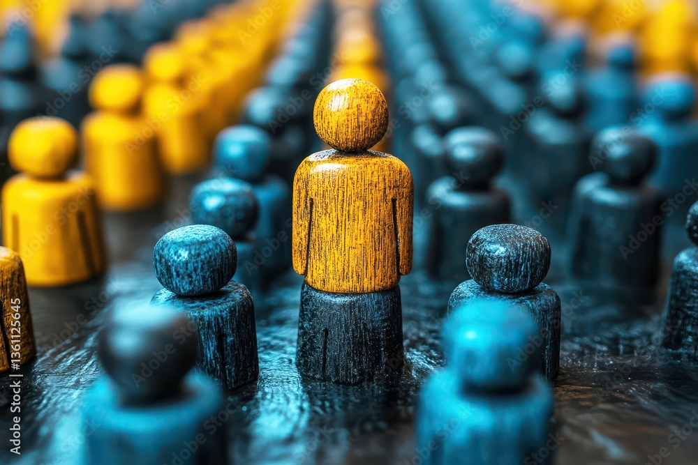 Poster unique wooden figures represent diversity and individuality in a crowd, showcasing leadership and st