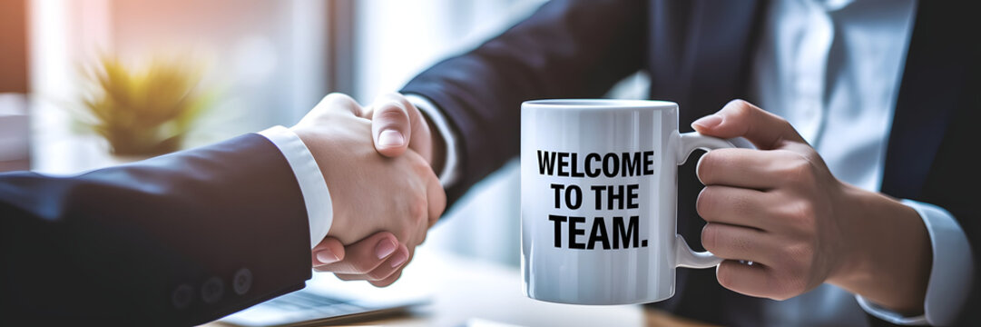Welcome to the Team business concept greeting new hire handshake coworker office illustration