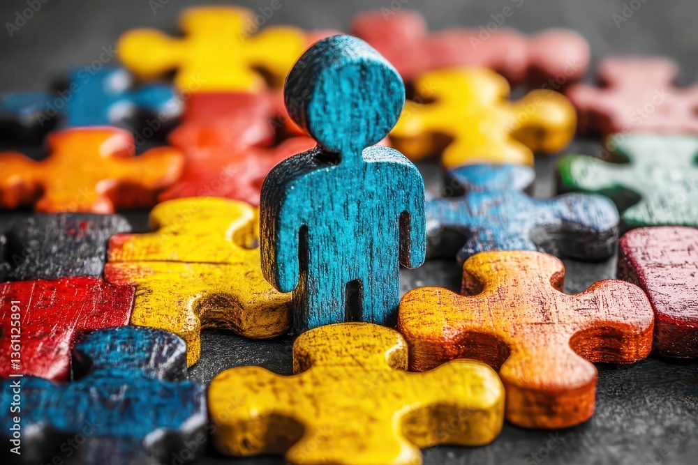 Poster colorful wooden puzzle pieces with abstract human figure concept symbolizing unity and diversity in 