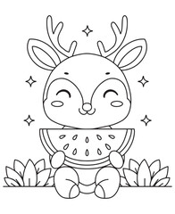 Coloring book deer eating a slice of watermelon among stylized leaves and sparkles. Fun line art for coloring