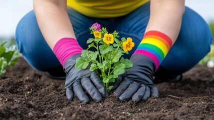 Hands Planting Vibrant Flower in Garden Bed with Colorful Gloves