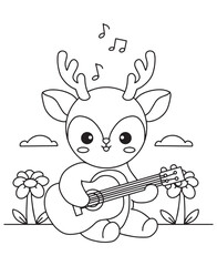 Coloring book deer playing a guitar among flowers and clouds, with musical notes around. Fun line art for coloring