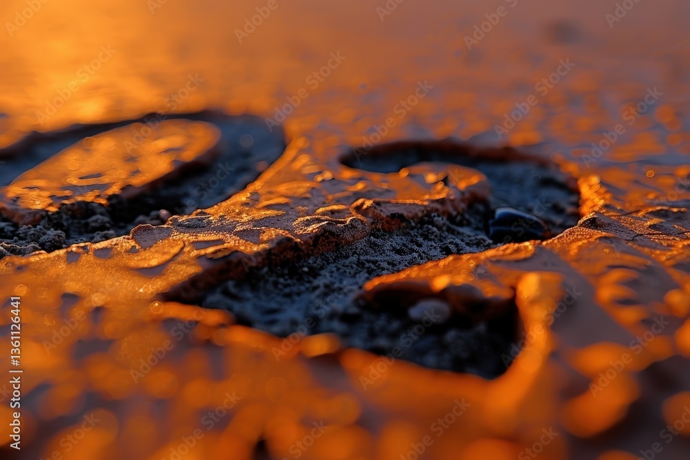 Poster a close-up image showcasing water droplets on a textured surface, illuminated by warm golden light, 
