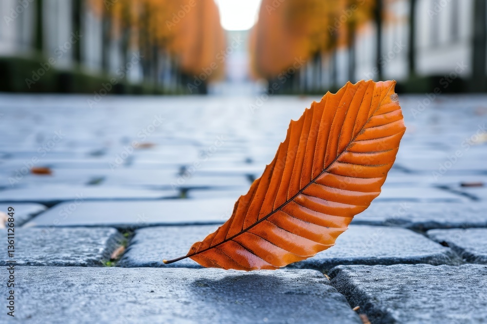Poster an orange leaf rests on a cobblestone path, framed by trees in the background, creating a serene aut