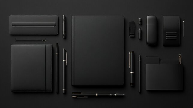 Flat lay of black stationery and accessories on a dark background.