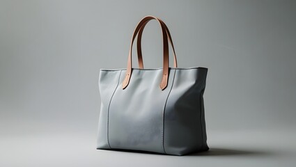 Elegant Minimalist Blue Tote Bag with Brown Leather Handles Studio Shot