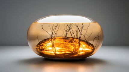 A captivating glass enclosure filled with a luminous liquid suspending an intricate plant like organism in a state of dormancy evoking a sense of wonder and curiosity about the natural world
