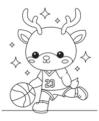 Coloring book deer playing basketball with a ball and jersey number 23, with sparkles around. Fun line art for coloring