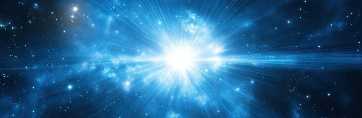 A dazzling display of blue and white light rays emanating from a central point. creating a vibrant bokeh effect against a dark background. ideal for abstract design and artistic projects