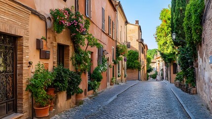 Fototapeta premium A charming narrow cobblestone street lined with elegant historic buildings adorned with colorful potted flowers and lush greenery in a picturesque Mediterranean town