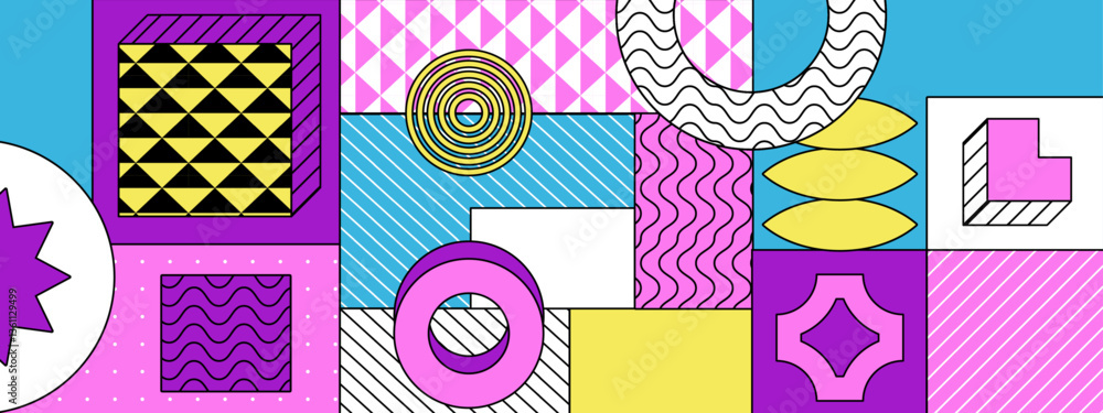 Poster colorful memphis retro vibrant geometric abstract background with shapes and patterns vector illustr
