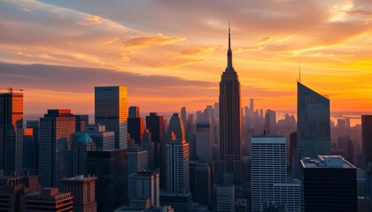 Obraz premium Golden hour sunset casts warm hues on towering NYC skyscrapers, twilight, buildings