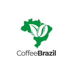 Brazilian coffee logo design vector. Brazil map vector with leaf and coffee bean logo icon symbol.