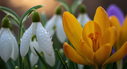 Obraz premium Vibrant yellow crocus blooming among delicate snowdrops 