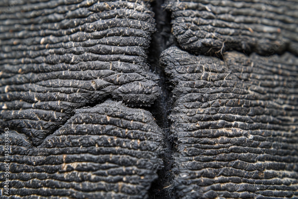 Poster a close-up view of textured black material, showcasing intricate patterns and crevices, possibly fro