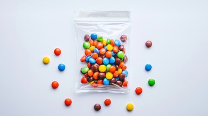 simple transparent ziplock bag with colorful candy on a white background. International Candy Day	