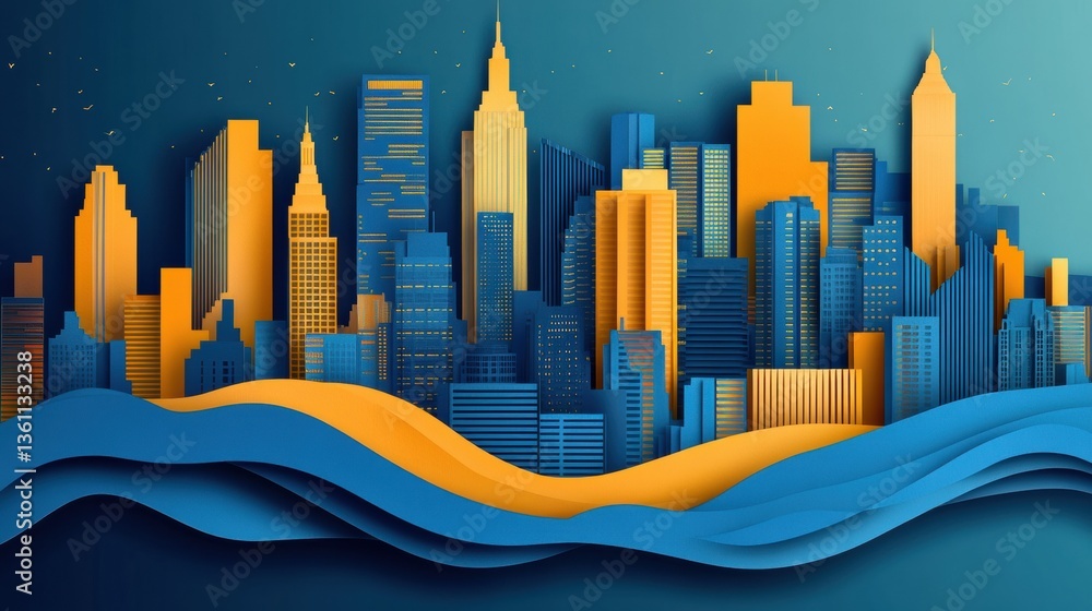 Fototapete Stunning layered cut paper skyline with soft lighting showcasing modern urban architecture and dynamic perspective Generative AI